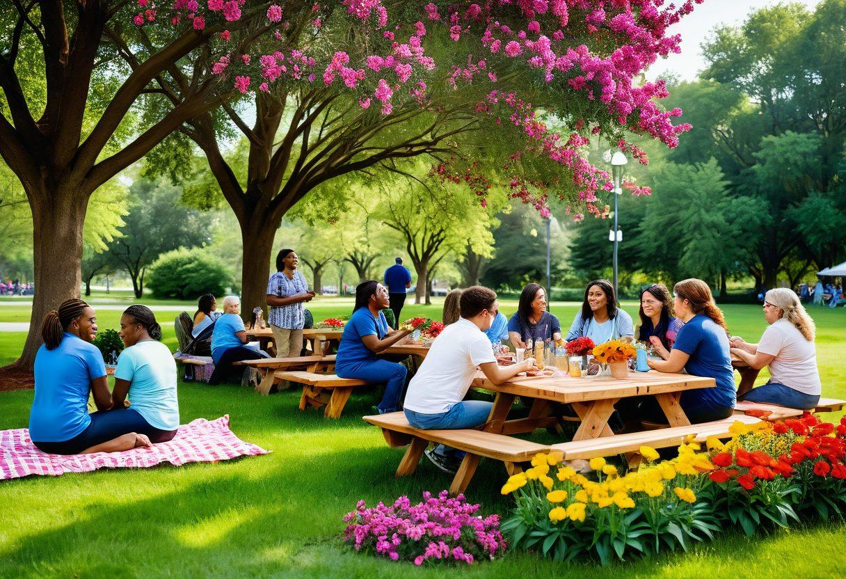 A heartwarming scene depicting diverse ex-service members engaged in community activities, surrounded by supportive volunteers. The backdrop showcases a peaceful park filled with colorful flowers and trees, symbolizing growth and healing. Include elements of teamwork, such as people collaborating on a project or enjoying a picnic together, to emphasize care and connection. Bright and uplifting colors should convey positivity and hope. super-realistic. vibrant colors. outdoor setting.