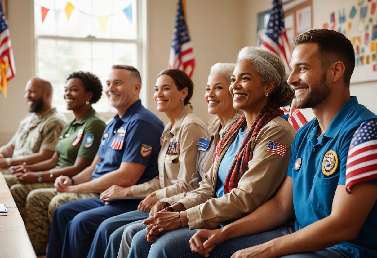 A heartfelt scene depicting a diverse group of veterans in a supportive setting, engaging in various activities like group therapy and community service. Bright smiles, warm interactions, and a backdrop of an uplifting program environment symbolize hope and transformation. Incorporate elements like flags and symbols of patriotism, with a soft, warm color palette to evoke feelings of camaraderie and healing. super-realistic. vibrant colors.