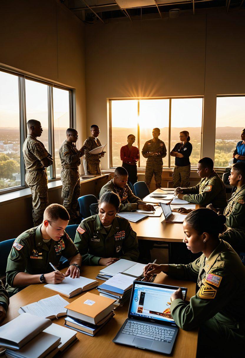 A powerful scene depicting diverse military personnel engaged in various support programs, surrounded by vibrant symbols of empowerment like books, mentorship, and technology. Include uplifting elements showcasing collaboration and community spirit, with a backdrop of a sunrise symbolizing hope. The image should evoke strength, resilience, and unity. super-realistic. vibrant colors. inspiring atmosphere.